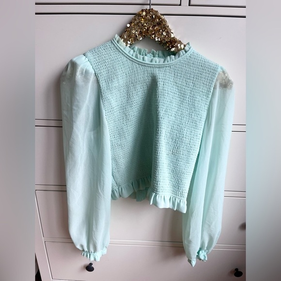 Aritzia Tops - Aritzia Wilfred Pale Mint Smocked Chiffon Ruffle Temptest Top Cottagecore